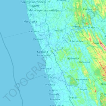 Mappa topografica Kalutara District, altitudine, rilievo