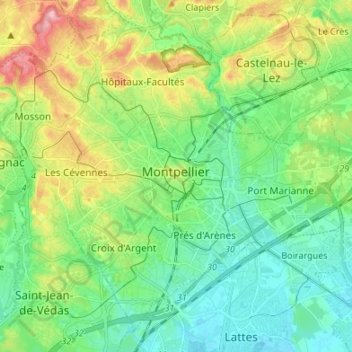 Mappa topografica Montpellier, altitudine, rilievo