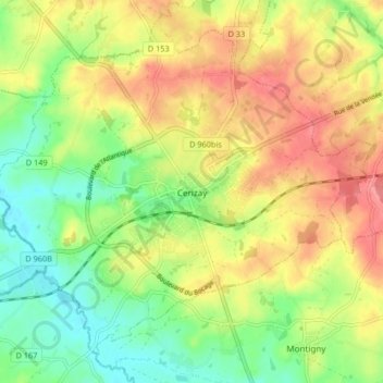 Mappa topografica Cerizay, altitudine, rilievo