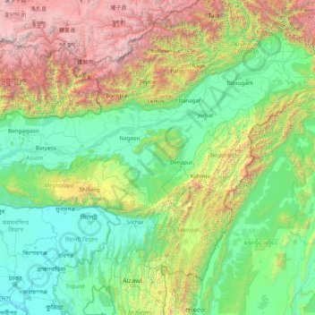 Mappa topografica Assam, altitudine, rilievo