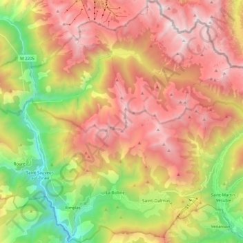 Mappa topografica Valdeblore, altitudine, rilievo