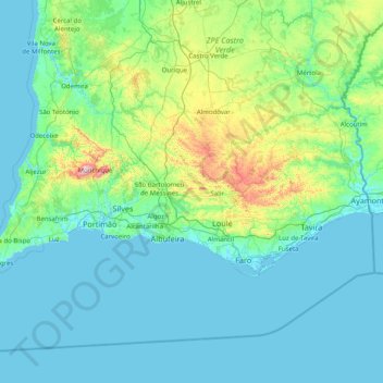 Mappa topografica Algarve, altitudine, rilievo