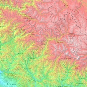 Mappa topografica Uttarkashi, altitudine, rilievo