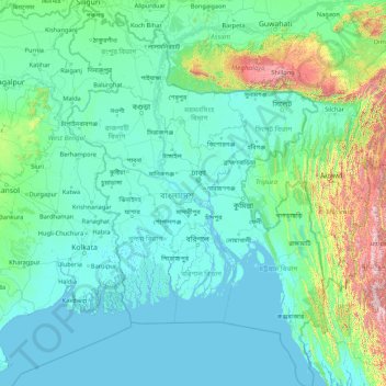 Mappa topografica Bangladesh, altitudine, rilievo