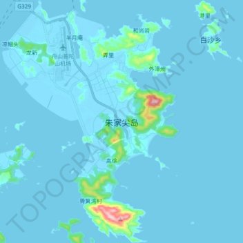 Mappa topografica 朱家尖岛, altitudine, rilievo