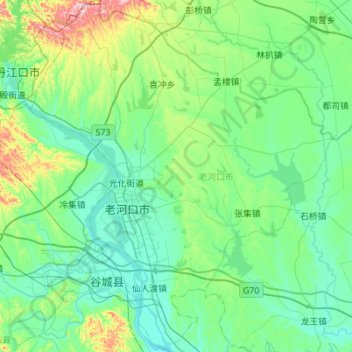 Mappa topografica 老河口市, altitudine, rilievo