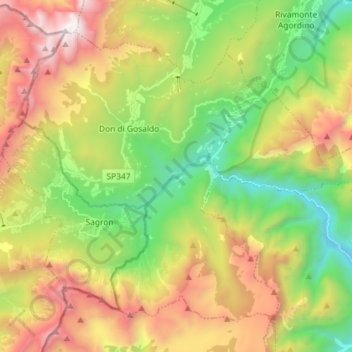 Mappa topografica Gosaldo, altitudine, rilievo