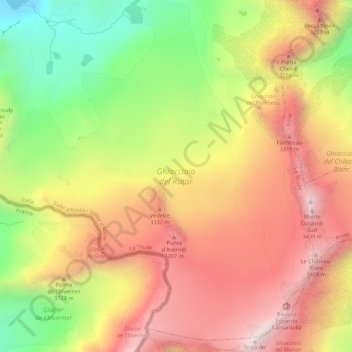 Mappa topografica Ghiacciaio del Rutor, altitudine, rilievo