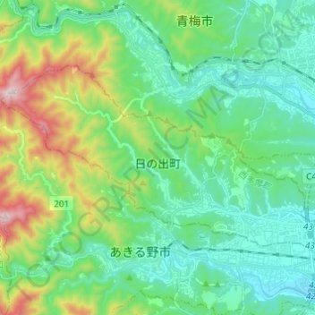 Mappa topografica Hinode, altitudine, rilievo
