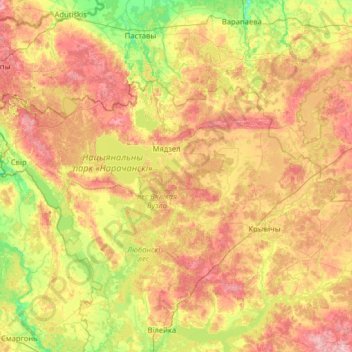 Mappa topografica Мядельский район, altitudine, rilievo