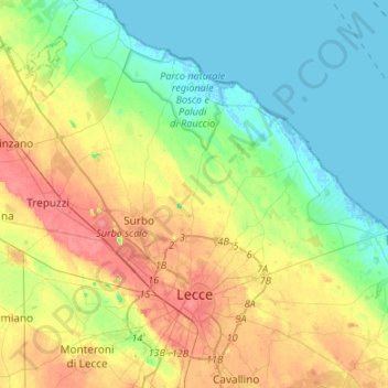 Mappa topografica Lecce, altitudine, rilievo