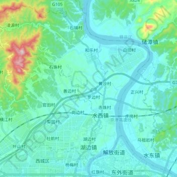 Mappa topografica 湖边镇, altitudine, rilievo