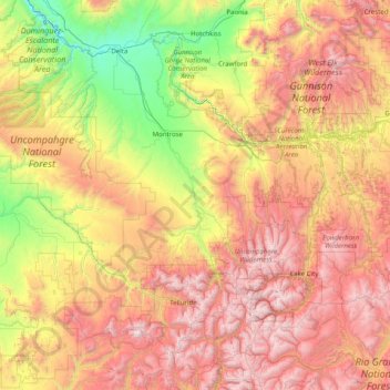 Mappa topografica Uncompahgre National Forest, altitudine, rilievo
