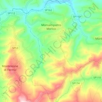 Mappa topografica Monsampietro Morico, altitudine, rilievo