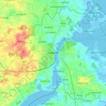Mappa topografica Kappeln, altitudine, rilievo