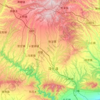 Mappa topografica 淳化县, altitudine, rilievo