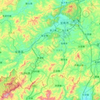 Mappa topografica 龙南市, altitudine, rilievo