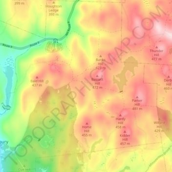 Mappa topografica Roxbury, altitudine, rilievo