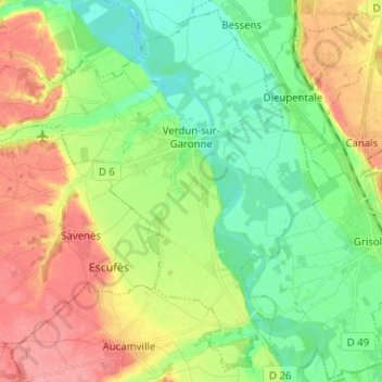 Mappa topografica Verdun-sur-Garonne, altitudine, rilievo