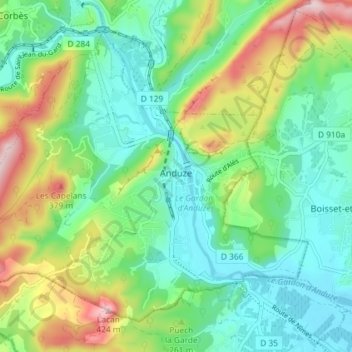 Mappa topografica Anduze, altitudine, rilievo