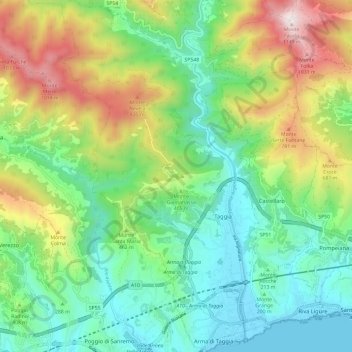 Mappa topografica Taggia, altitudine, rilievo