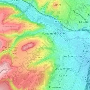 Mappa topografica Dijon (canton de Dijon-6), altitudine, rilievo