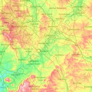 Mappa topografica Warwickshire, altitudine, rilievo
