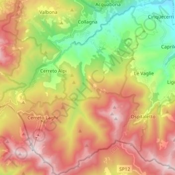 Mappa topografica Collagna, altitudine, rilievo