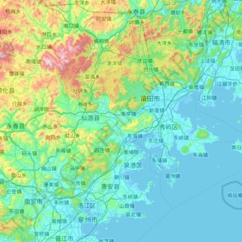 Mappa topografica 莆田市, altitudine, rilievo