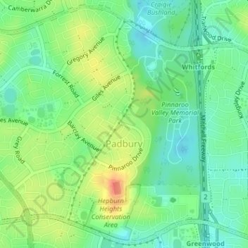 Mappa topografica Padbury, altitudine, rilievo