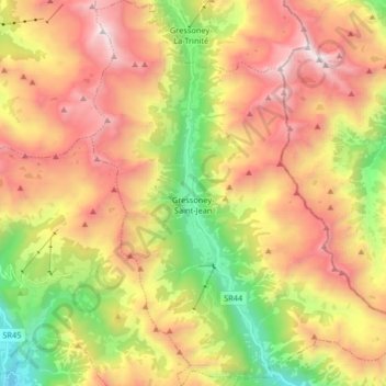 Mappa topografica Gressoney-Saint-Jean, altitudine, rilievo