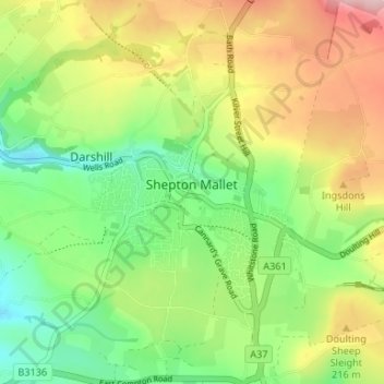 Mappa topografica Shepton Mallet, altitudine, rilievo