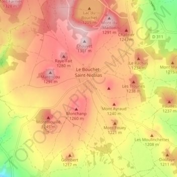 Mappa topografica Le Bouchet-Saint-Nicolas, altitudine, rilievo