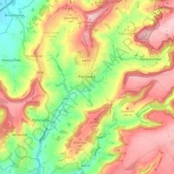 Mappa topografica Painswick, altitudine, rilievo