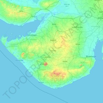 Mappa topografica Kathiawar, altitudine, rilievo