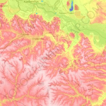 Mappa topografica Онуфріївська селищна громада, altitudine, rilievo
