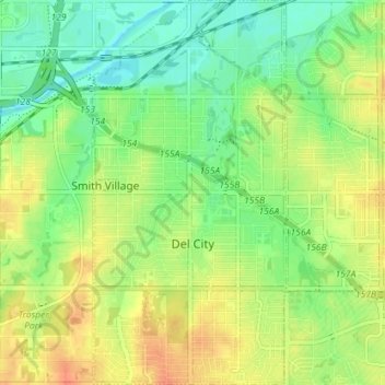 Mappa topografica Del City, altitudine, rilievo