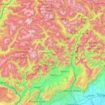 Mappa topografica Belluno, altitudine, rilievo