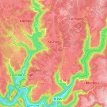 Mappa topografica Soursac, altitudine, rilievo