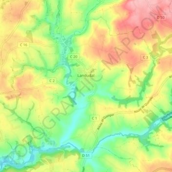 Mappa topografica Landudal, altitudine, rilievo