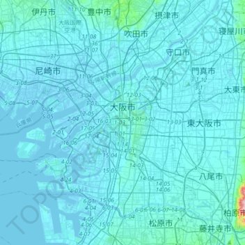 Mappa topografica Osaka, altitudine, rilievo