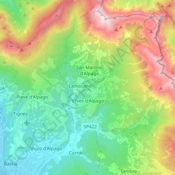 Mappa topografica Chies d'Alpago, altitudine, rilievo