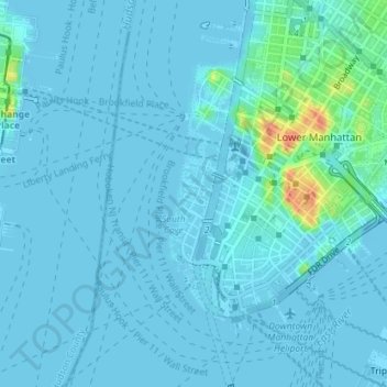 Mappa topografica Battery Park City, altitudine, rilievo