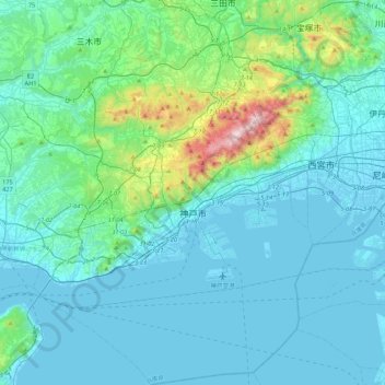 Mappa topografica Kobe, altitudine, rilievo