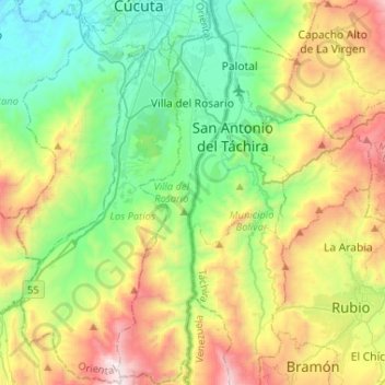 Mappa topografica Villa del Rosario, altitudine, rilievo
