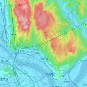 Mappa topografica 马尾镇, altitudine, rilievo