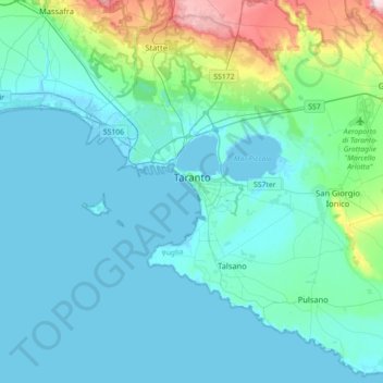 Mappa topografica Taranto, altitudine, rilievo