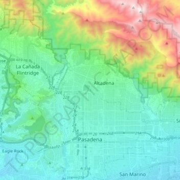 Mappa topografica Pasadena, altitudine, rilievo