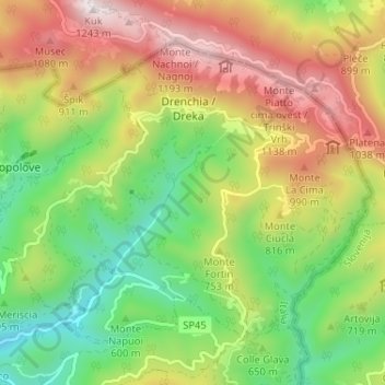 Mappa topografica Drenchia, altitudine, rilievo