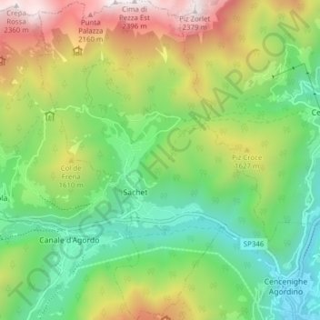 Mappa topografica Vallada Agordina, altitudine, rilievo
